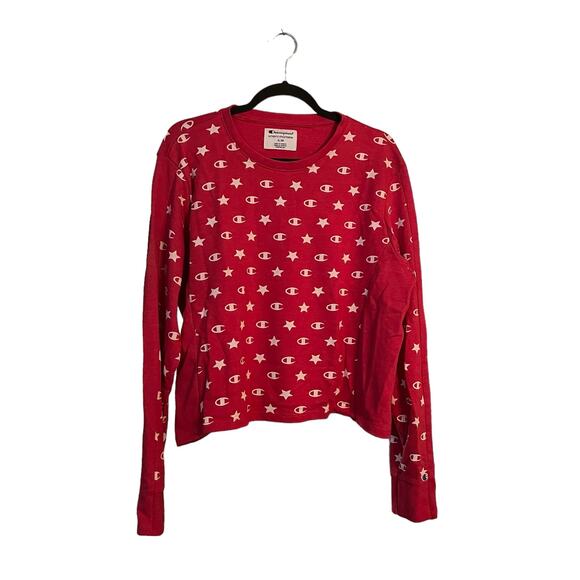 Champion Cherry Red Logo Print Sweatshirt Short Style XL Cotton Blend Streetwear - Picture 1 of 9